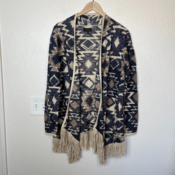 Lucky Brand Fringe Open Front Southwestern Cardigan Sweater Aztec Print boho L - Picture 2 of 11